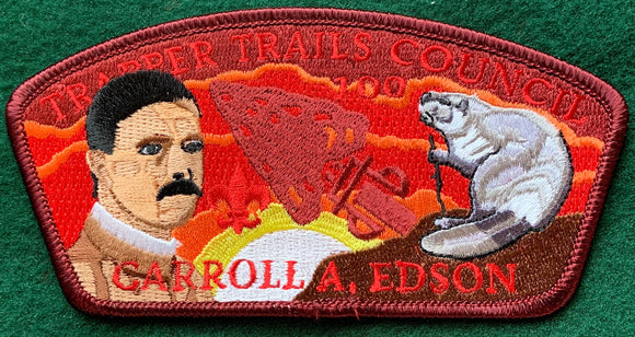 Trapper Trails Council, Awaxaawe Awachia Lodge 535 OA Centennial Commerative Edition OA CSP SA-191. 'Carroll A. Edson' Embroidered Detailing. Dark Red Border. Mint Condition.