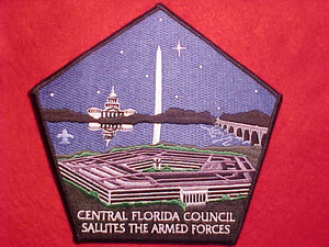 CENTRAL FLORIDA COUNCIL JACKET PATCH, "SALUTES THE ARMED FORCES", PENTAGON SHAPE, 5.75" TALL