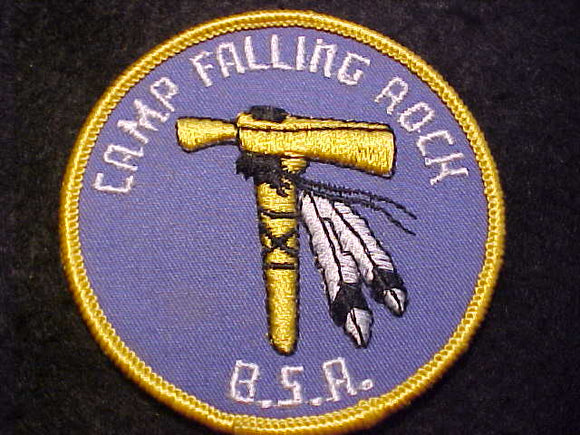 FALLING ROCK CAMP PATCH, 1960'S, BLUE TWILL-YELLOW BDR.