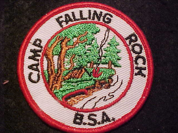 FALLING ROCK CAMP PATCH, 1960'S, WHITE TWILL-RED BDR.