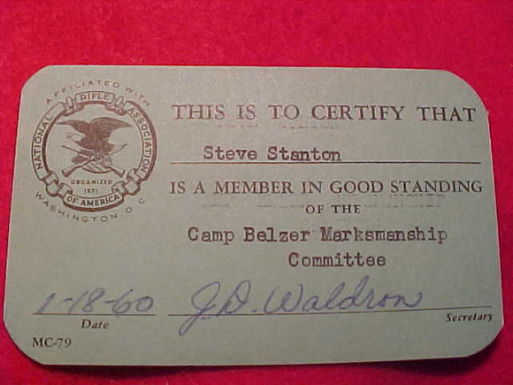 BELZER MEMBERSHIP CARD, 1960, MARKSMANSHIP COMMITTEE OF NRA, USED