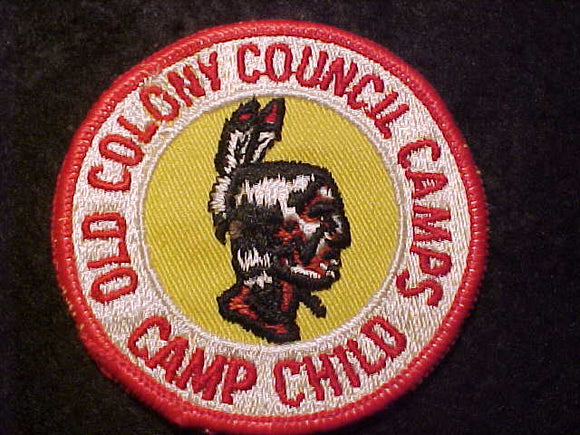 CHILD CAMP PATCH, OLD COLONY COUNCIL CAMPS, 1960'S, WHITE EMBROIDERY BEHIND LETTERING