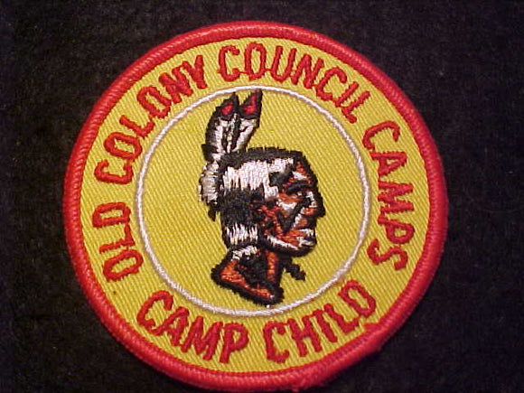 CHILD CAMP PATCH, OLD COLONY COUNCIL CAMPS, 1960'S, YELLOW TWILL BEHIND LETTERING