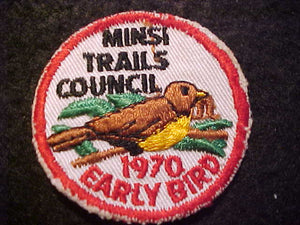 MINSI TRAILS COUNCIL PATCH, 1970, EARLY BIRD, 2" ROUND, USED