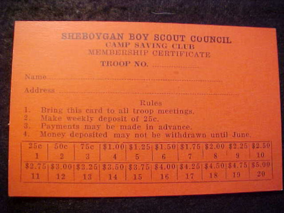 SHEBOYGAN (COUNTY) COUNCIL MEMBERSHIP CERTIFICATE, CAMP SAVING CLUB, BLANK, ORANGE, COUNCIL EXISTED 1919-1935