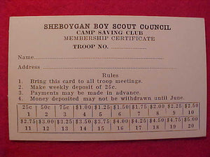SHEBOYGAN (COUNTY) COUNCIL MEMBERSHIP CERTIFICATE, CAMP SAVING CLUB, BLANK, WHITE, COUNCIL EXISTED 1919-1935