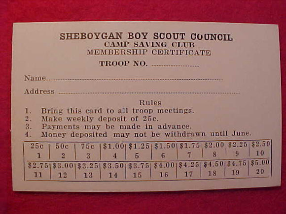 SHEBOYGAN (COUNTY) COUNCIL MEMBERSHIP CERTIFICATE, CAMP SAVING CLUB, BLANK, WHITE, COUNCIL EXISTED 1919-1935