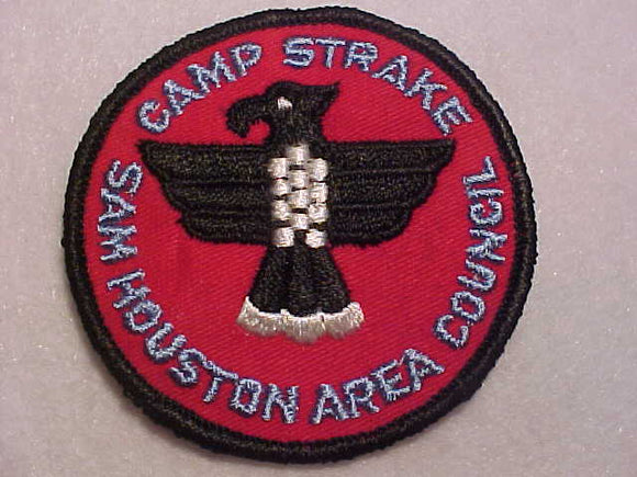 STRAKE CAMP PATCH, SAM HOUSTON AREA COUNCIL, 1960'S, RED TWILL BKGR.