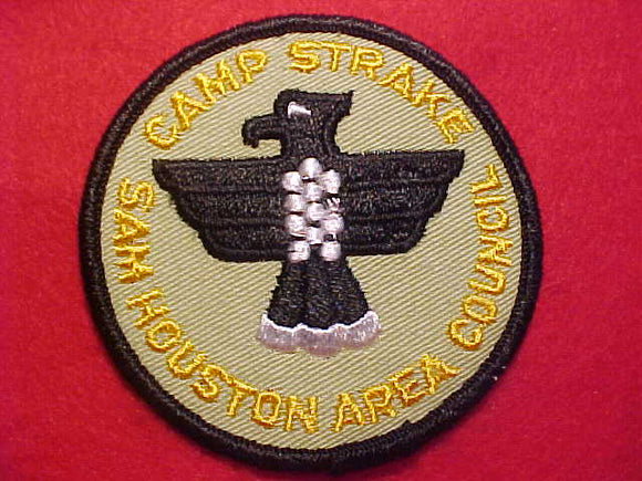 STRAKE CAMP PATCH, SAM HOUSTON AREA COUNCIL, 1960'S, LT. GREEN TWILL BKGR., BLACK BDR.