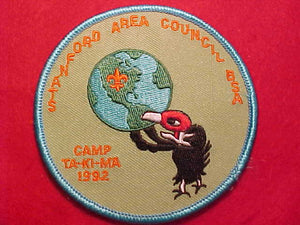 TA-KI-MA CAMP PATCH, 1992, STANFORD AREA COUNCIL, 3.5" ROUND