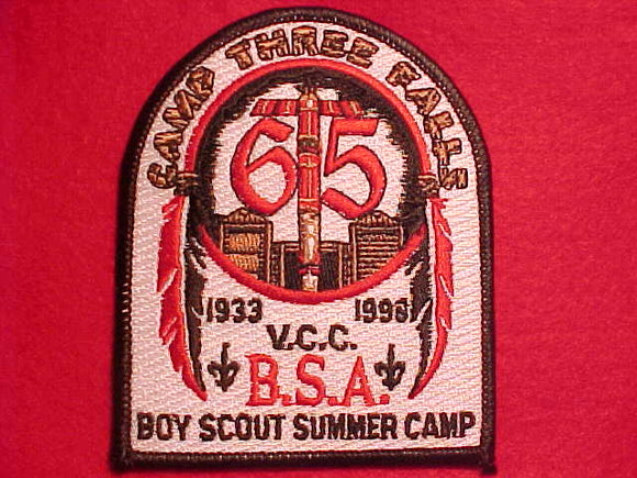THREE FALLS CAMP PATCH, 1933-1998, 65 YEARS, VENTURA COUNTY COUNCIL, SUMMER CAMP STAFF, BLACK BDR.