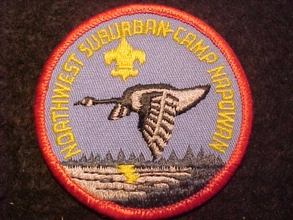 NAPOWAN CAMP PATCH, NORTHWEST SUBURBAN COUNCIL, YELLOW FDL & LETTERS, RED BDR.