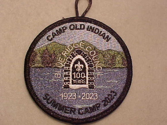 OLD INDIAN CAMP PATCH, SUMMER CAMP, 1923-2023, BLUE RIDGE COUNCIL, BLACK BDR.