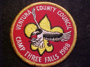 THREE FALLS CAMP PATCH, 1988, VENTURA COUNTY COUNCIL, GMY BDR.