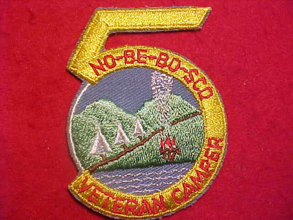 NO-BE-BO-SCO CAMP PATCH, VETERAN 5 YEAR CAMPER, 1960'S
