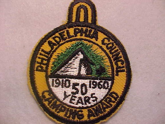 PHILADELPHIA COUNCIL CAMPCAMPING AWARD PATCH, 1910-1960, 50 YEARS