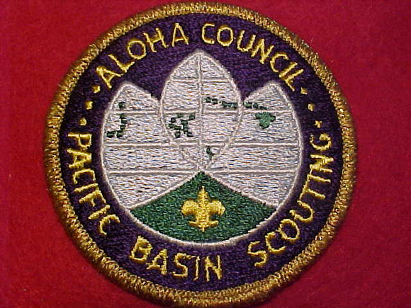 ALOHA COUNCIL PATCH, PACIFIC BASIN SCOUTING, FULLY EMBROIDERED, GMY BDR.