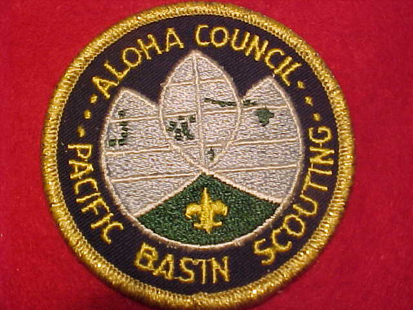 ALOHA COUNCIL PATCH, PACIFIC BASIN SCOUTING, NAVY TWILL, GMY BDR.