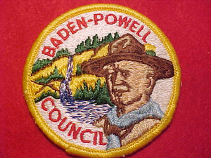 BADEN-POWELL COUNCIL PATCH, 3" ROUND, FULLY EMBROIDERED, YELLOW BDR., NO FDL