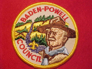 BADEN-POWELL COUNCIL PATCH, 3" ROUND, WHITE TWILL BKGR., YELLOW BDR., NO FDL
