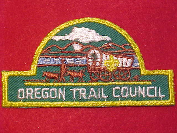 OREGON TRAIL COUNCIL PATCH, HAT SHAPE, YELLOW FDL, LT. YELLOW BDR., GREEN TWILL