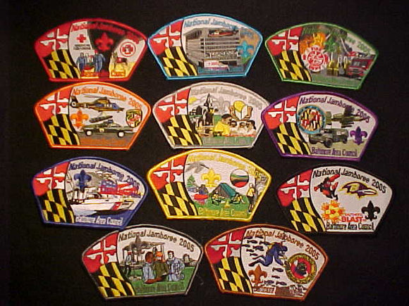 2005 NJ, BALTIMORE AREA COUNCIL 11 PIECE JSP SET, BALTIMORE BLAST, BASEBALL TEAM, COAST GUARD, MD STATE POLICE, MD ARMY AIR NAT. GUARD, AMERICAN RED CROSS, FIRE DEPT.