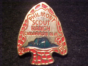 PHILMONT SCOUT RANCH N/C SLIDE, METAL, ARROWHEAD, GREEN MTN.,, RED LETTERS, RED CHIP DESIGN IN ARROWHEAD