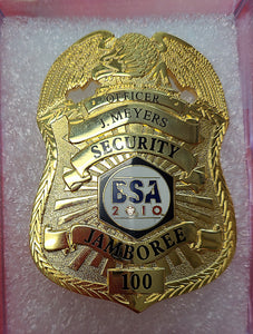 BADGE, 2010 NATIONAL JAMBOREE SECURITY, ENGRAVED WITH OFFICER'S NAME, RARE