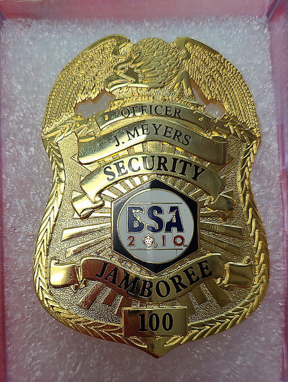 BADGE, 2010 NATIONAL JAMBOREE SECURITY, ENGRAVED WITH OFFICER'S NAME, RARE