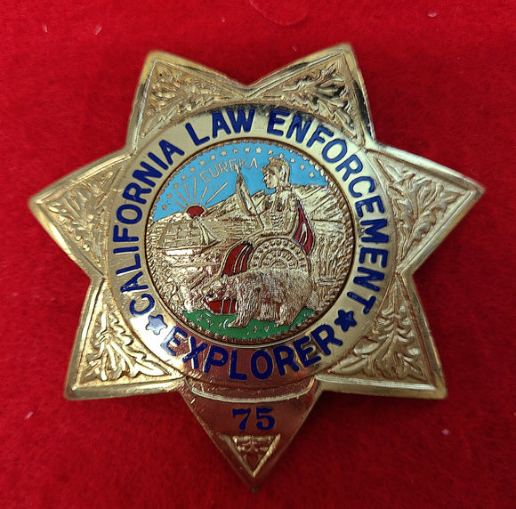 BADGE, CALIFORNIA LAW ENFORCEMENT EXPLORER #75, MADE BY ENTENMANN-ROVIN CO., GOLD PLATED