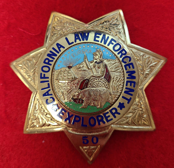 BADGE, CALIFORNIA LAW ENFORCEMENT EXPLORER #50, MADE BY ENTENMANN-ROVIN CO., GOLD PLATED