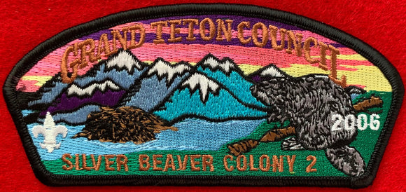 Grand Teton Council Silver Beaver Colony #2 2006 Commerative CSP SA-136. Black Border, Gray Embroidered Medal. Mint Condition.