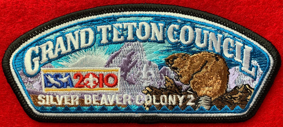 Grand Teton Council Silver Beaver Colony #2 BSA 2010 100th Anniversary Commerative CSP SA-269. Black Border, Full Color Beaver Embroidered Detail. Mint Condition.