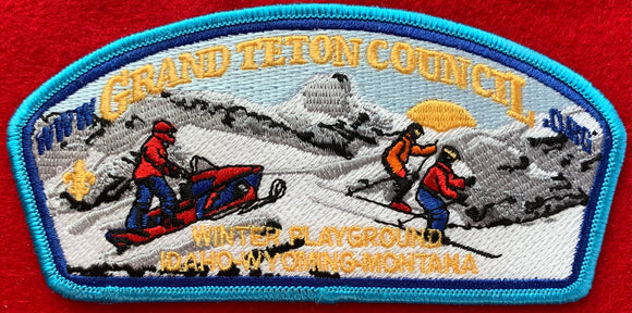 www.Grand Teton Council.org | Winter Playground | Idaho - Wyoming - Montana. CSP SA-93. Light Blue Border. Mint Condition.