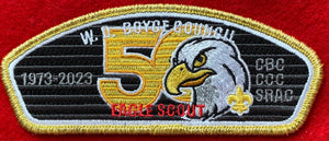 W.D. Boyce Council 50th Anniversary (1973-2023) Eagle Scout Commerative Edition CSP SA-38. Gold Mylar Border. Mint Condition.