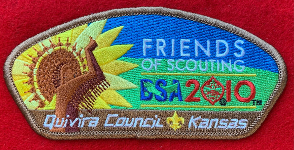 Quivira Council 2010 Friends of Scouting (FOS) Commerative Edition CSP SA-38. 'BSA 2010' Embroidered Logo Detail. Light Brown Border. Mint Condition.