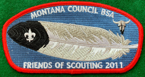 Montana Council 2011 Friends of Scouting (FOS) Commerative CSP SA-91:1. Embroidered Feather on a Blue Background. Red Border. Mint Condition.