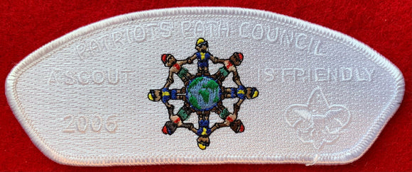 Patriots' Path Council 2006 Friends of Scouting (FOS) Edition CSP SA-20. 'A Scout is Friendly' Text Detail. White Border with White Ghosting Throughout. Mint Condition.