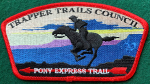 Trapper Trails Council CSP SA-115. 'Pony Express Trail' Text Over Red Arrow Embroidered Detailing. Red Border. Mint Condition.