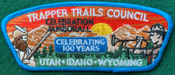 Trapper Trails Council Utah, Idaho, Wyoming Centennial Celebration Jamborall Commerative Edition CSP SA-128. Light Blue Border. Mint Condition.