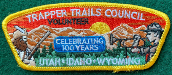 Trapper Trails Council Utah, Idaho, Wyoming Centennial Volunteer Commerative Edition CSP SA-129. Yellow Border. Mint Condition.