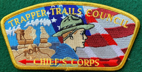 Trapper Trails Council CSP SA-142. 'Chief's Corps' Text Over Red Arrow Embroidery Detail. Gold Border. Mint Condition.