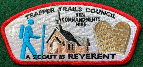 Trapper Trails Council Ten Commandments Hike Commerative Edition CSP SA-170. 'A Scout is Reverant' Text Detail. Red Border. Mint Condition.