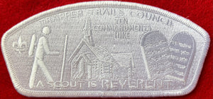 Trapper Trails Council Ten Commandments Hike Commerative Edition Full White Ghost CSP SA-172. 'A Scout is Reverant' Text Detail. White Border. Mint Condition.