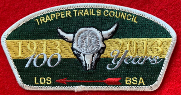 Trapper Trails Council 100 Year Anniversary (1913-2013) Commerative Edition CSP SA-178. 'LDS' 'BSA' and Red OA Arrow Details. White Border. Mint Condition