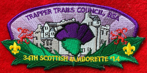 Trapper Trails Council 2014 34th Scottish Jamborette Commerative Edition CSP SA-181. Purple and Green Border. Mint Condition.