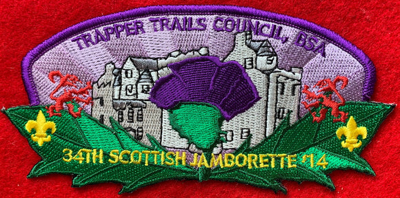 Trapper Trails Council 2014 34th Scottish Jamborette Commerative Edition CSP SA-182. Purple and Green Border. Mint Condition.