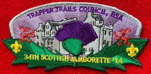 Trapper Trails Council 2014 34th Scottish Jamborette Commerative Edition CSP SA-183. Silver Mylar and Green Border. Mint Condition.