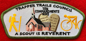 Trapper Trails Council Ten Commandments Hike Commerative Edition CSP SA-205. 'A Scout is Reverant' Text Detail. Olive Green Border. Mint Condition.