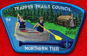 Trapper Trails Council 2008 Northern Tier Commerative CSP SA-87. '94' Embroidered Number. Blue Border. Mint Condition.